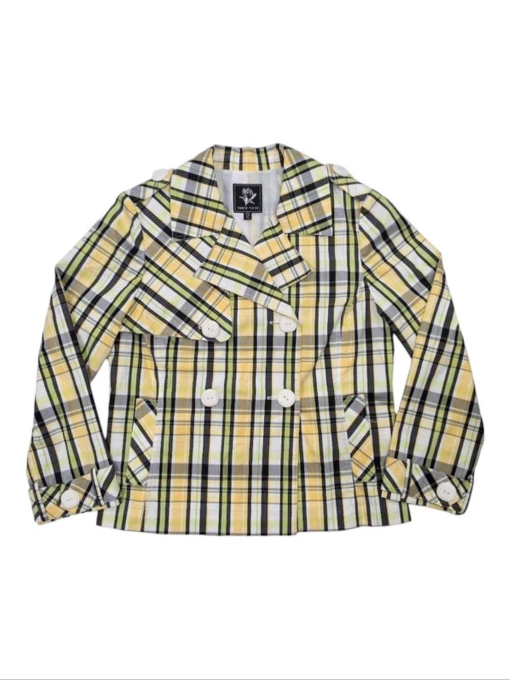 Abbie Mags double-breasted lightweight plaid peacoat jacket.